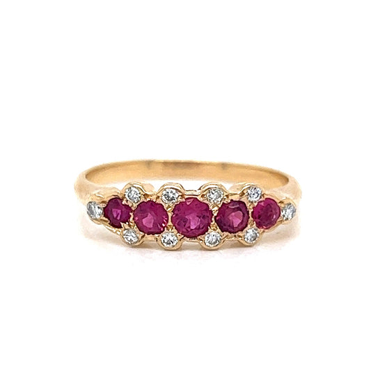 Five Stone Ruby & Diamond Stacking Ring in 14k Gold