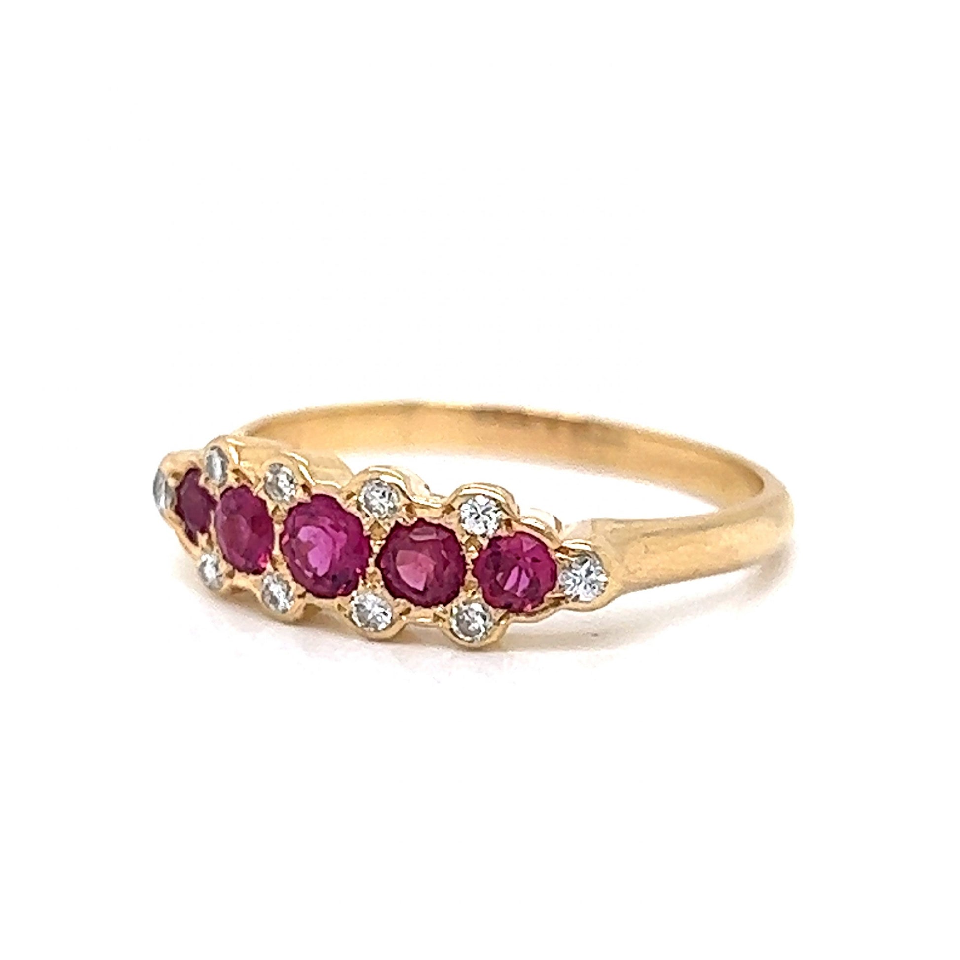 Five Stone Ruby & Diamond Stacking Ring in 14k Gold