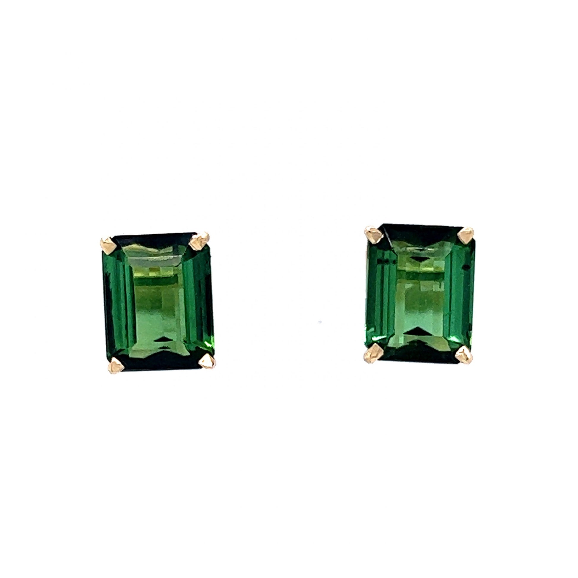 Classic Emerald Cut Green Tourmaline Earrings in 14k Yellow Gold