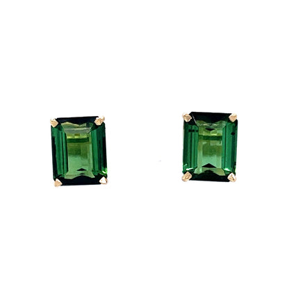 Classic Emerald Cut Green Tourmaline Earrings in 14k Yellow Gold