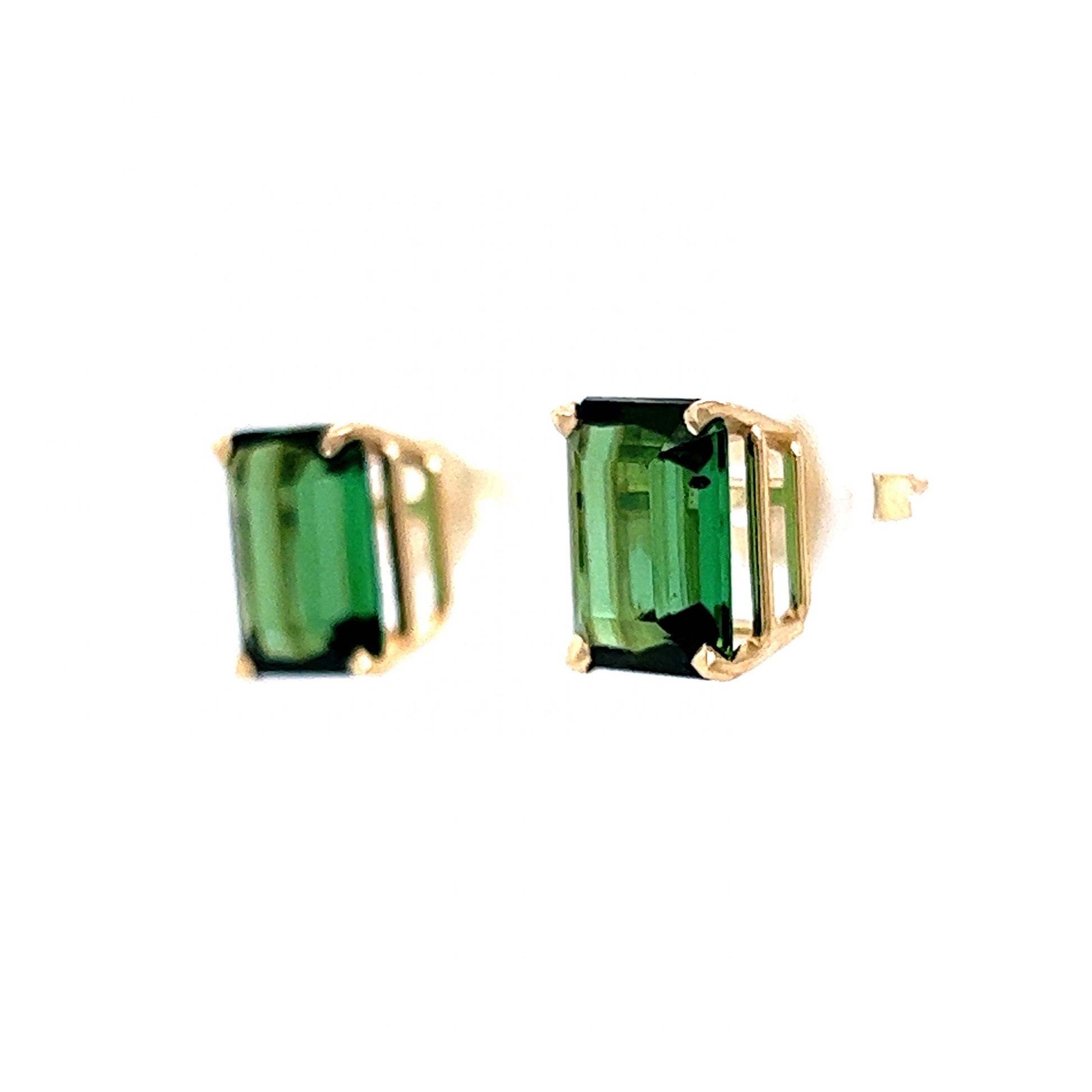 Classic Emerald Cut Green Tourmaline Earrings in 14k Yellow Gold