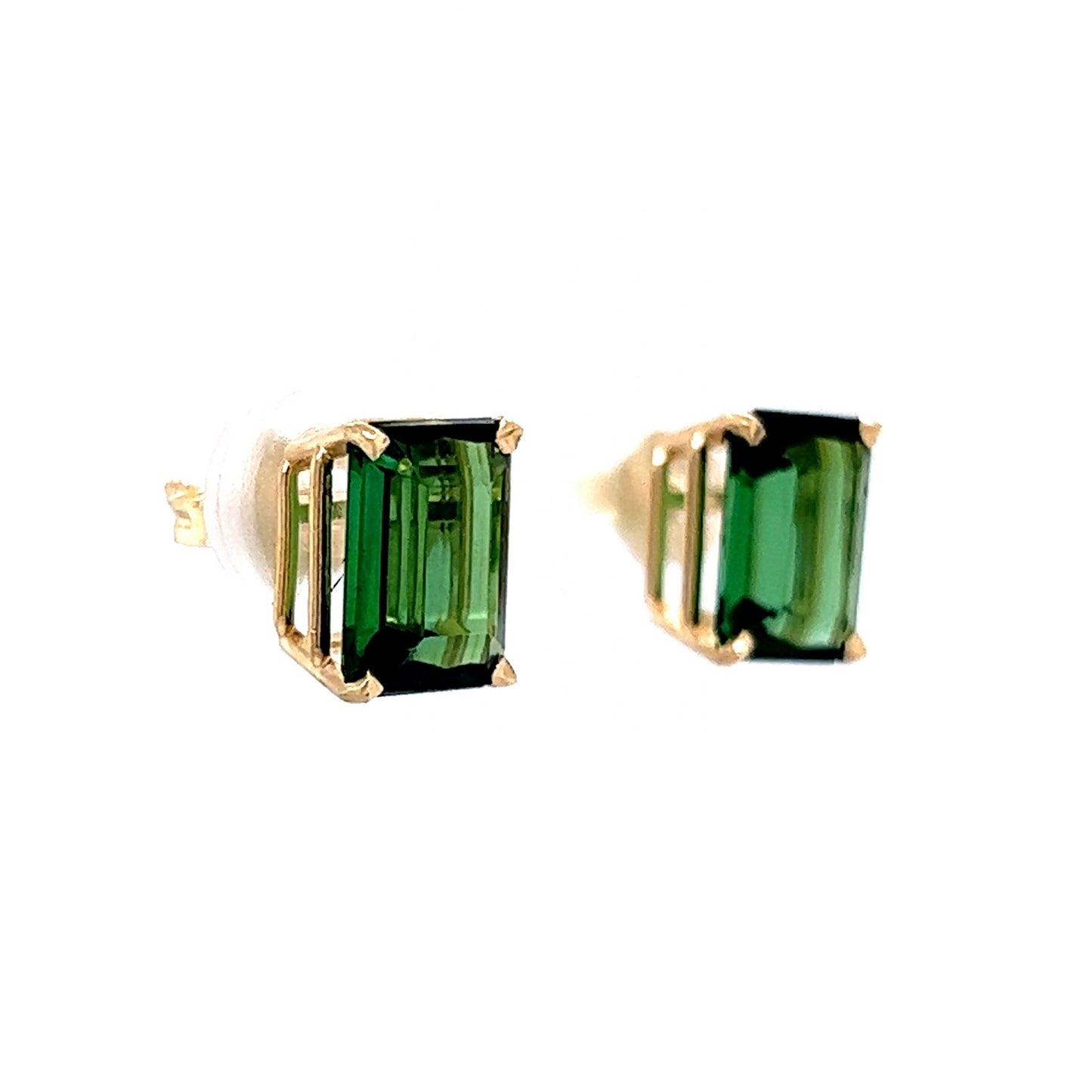 Classic Emerald Cut Green Tourmaline Earrings in 14k Yellow Gold