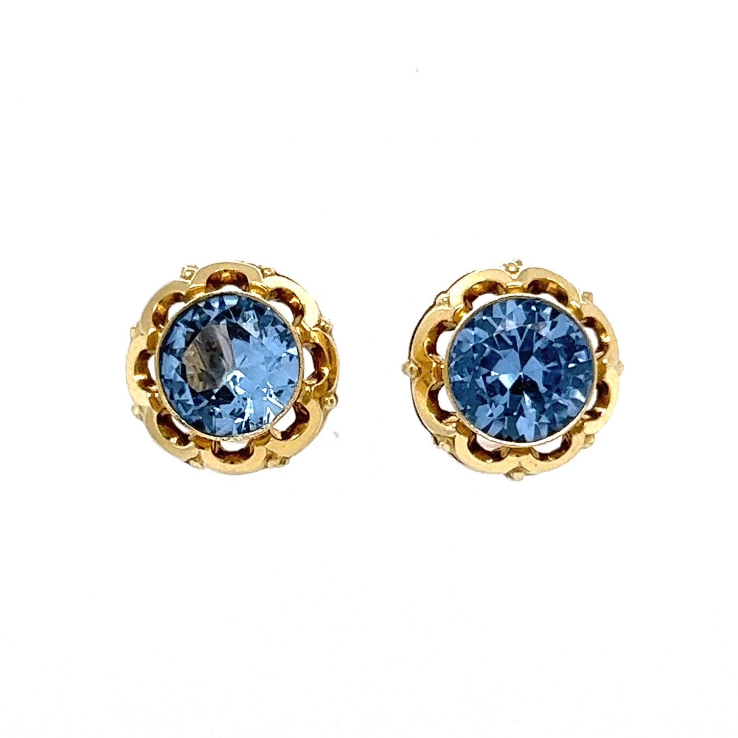 Bezel Set Blue Zircon Stud Earrings in 14k Yellow Gold - Filigree Jewelers