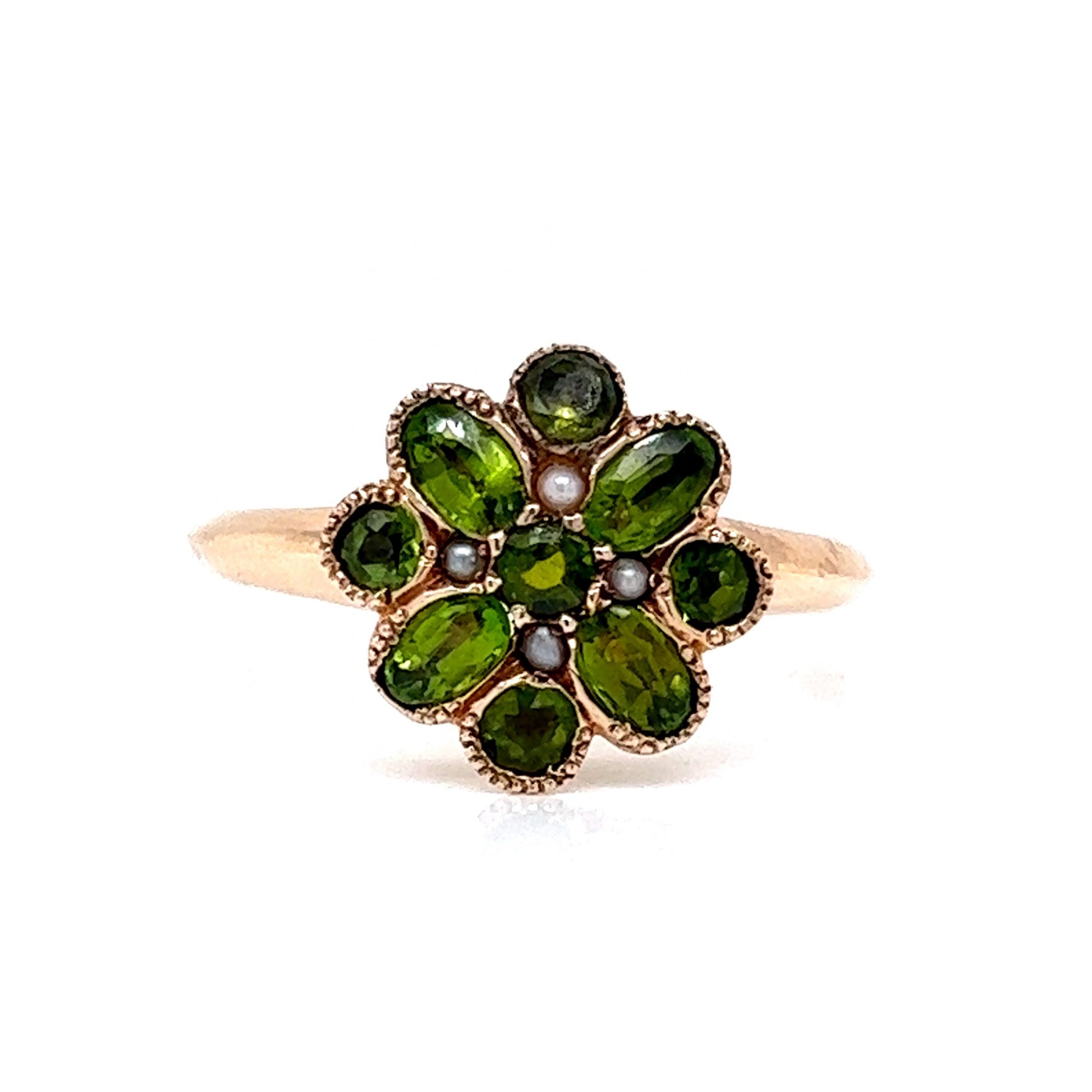 Victorian Peridot & Seed Pearl Flower Ring in 10k Yellow Gold
