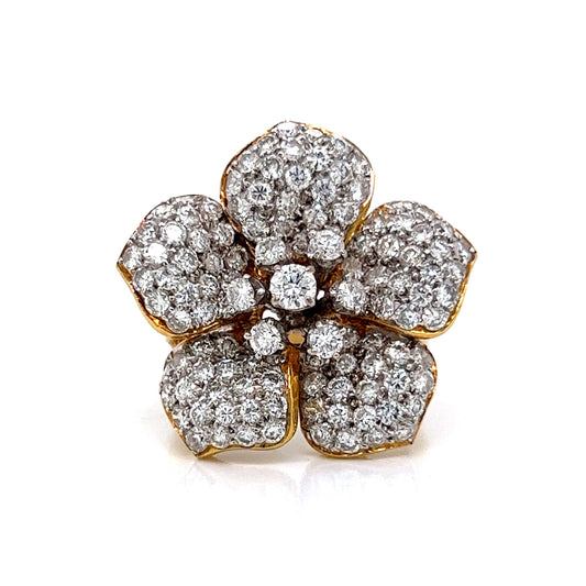 Pave Diamond Flower Cocktail Ring 18k Yellow & White Gold