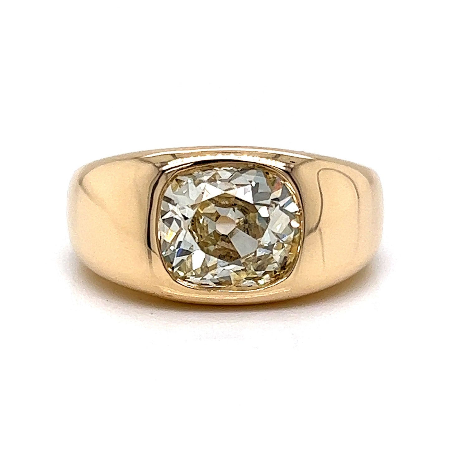 Flush Set Old Mine Cushion Cut Diamond Ring in 14k Yellow Gold