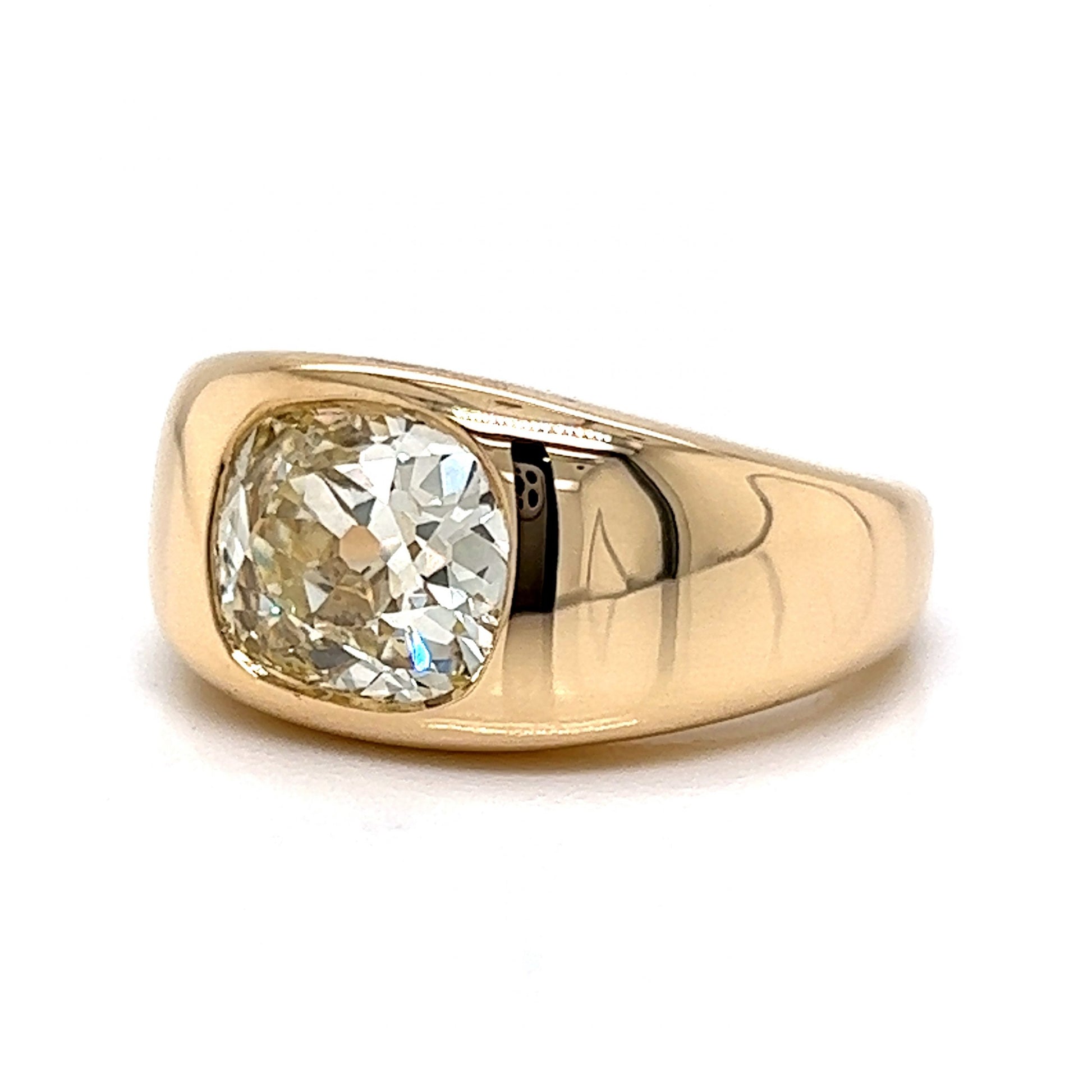 Flush Set Old Mine Cushion Cut Diamond Ring in 14k Yellow Gold