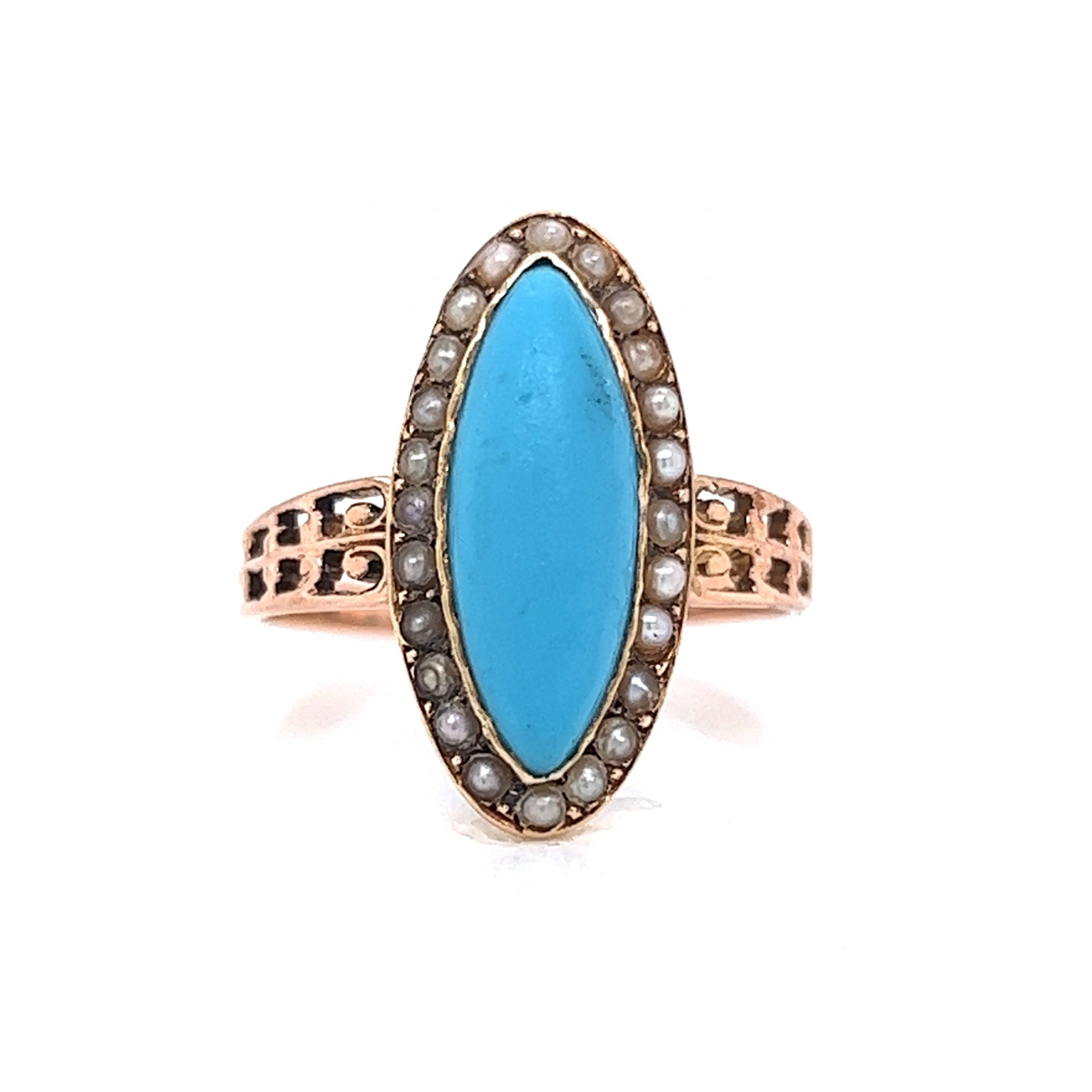 Victorian Turquoise & Seed Pearl Ring In 14k Yellow Gold - Filigree 