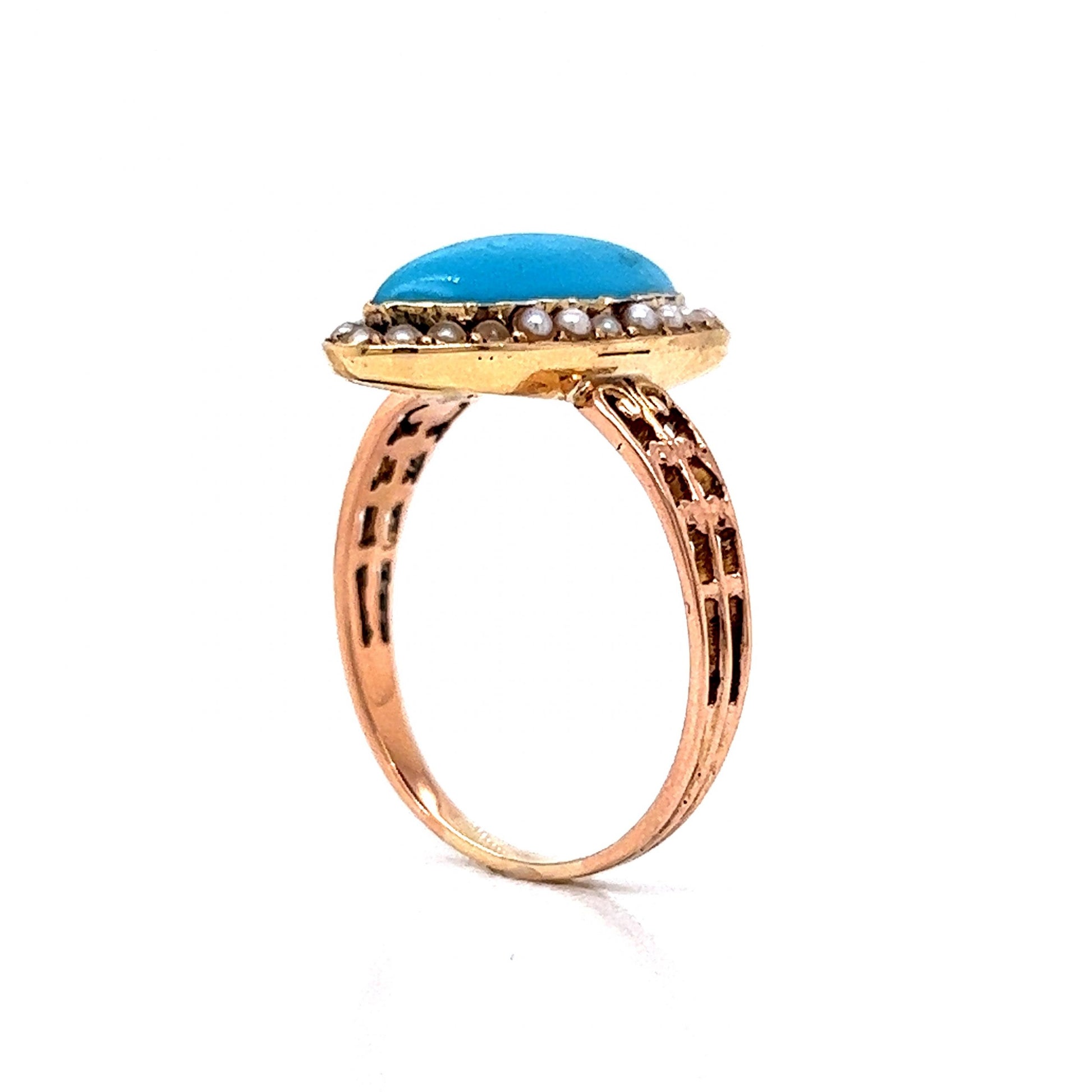 Victorian Turquoise & Seed Pearl Ring in 14k Yellow Gold