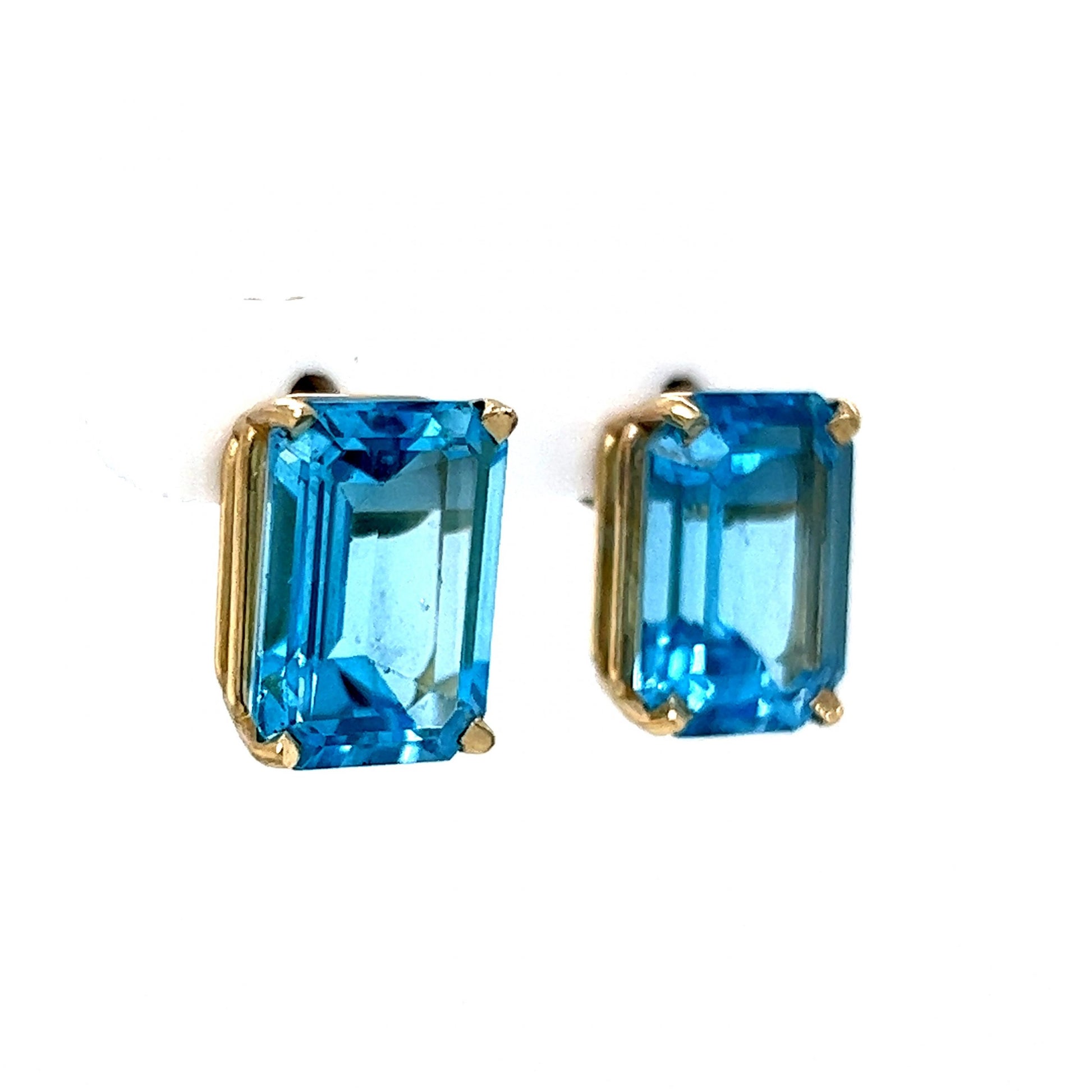 Large Emerald Cut Blue Topaz Earrings in 14k Yellow Gold
