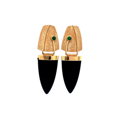 Black Onyx & Emerald Drop Earrings in 14k Yellow Gold