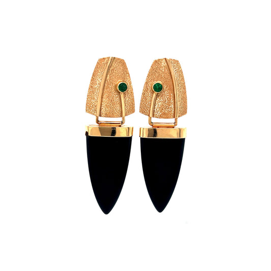 Black Onyx & Emerald Drop Earrings in 14k Yellow Gold