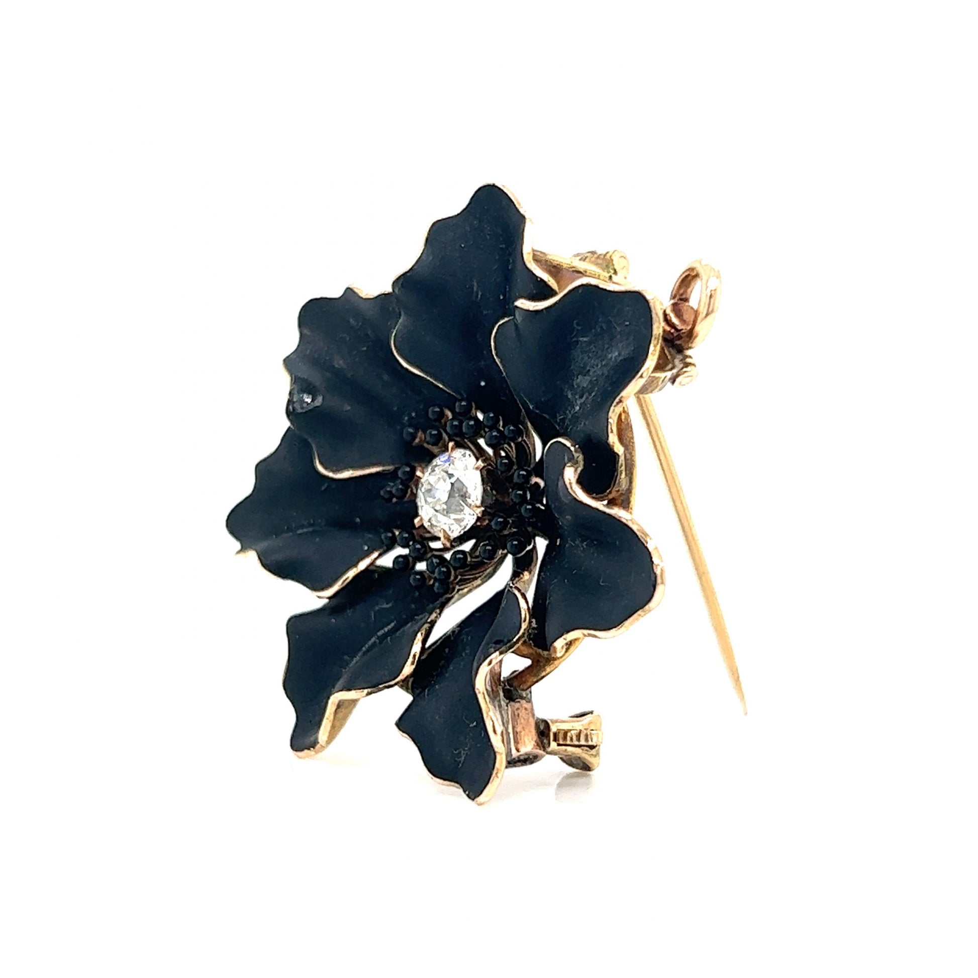 Victorian Black Flower Brooch Pendant in 14k Yellow Gold