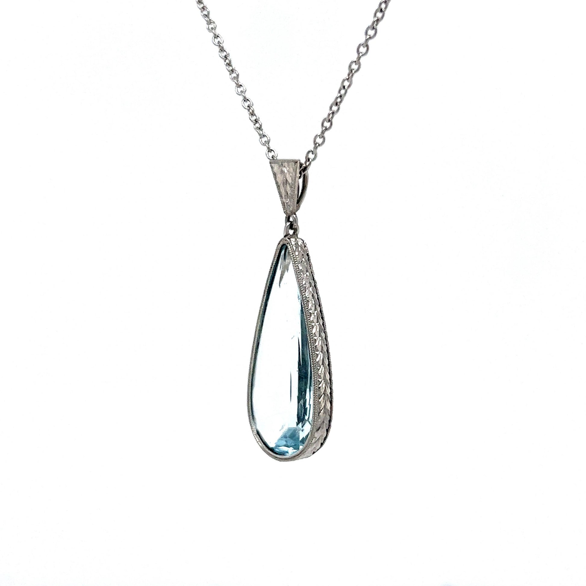 Art Deco Pear Cut Aquamarine Pendant Necklace in Platinum