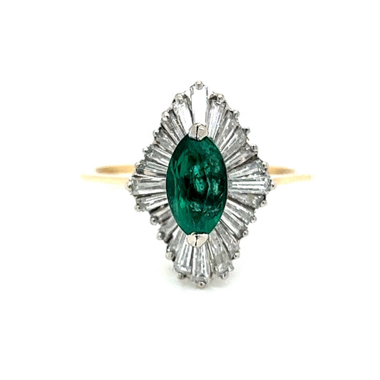 Marquise Emerald Ballerina Halo Engagement Ring in White & Yellow Gold