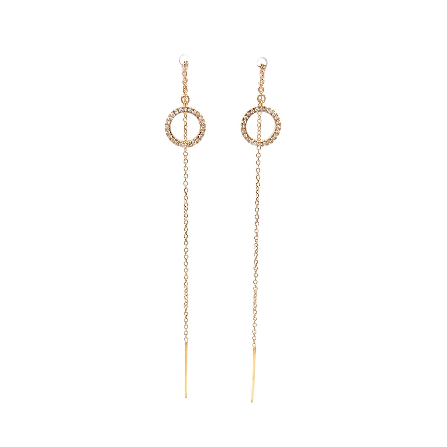 Pave Diamond Circle Threader Earrings in 14k Yellow Gold