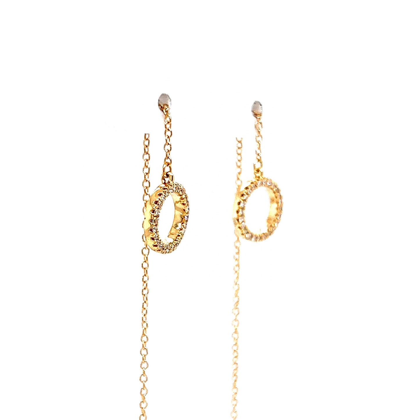 Pave Diamond Circle Threader Earrings in 14k Yellow Gold