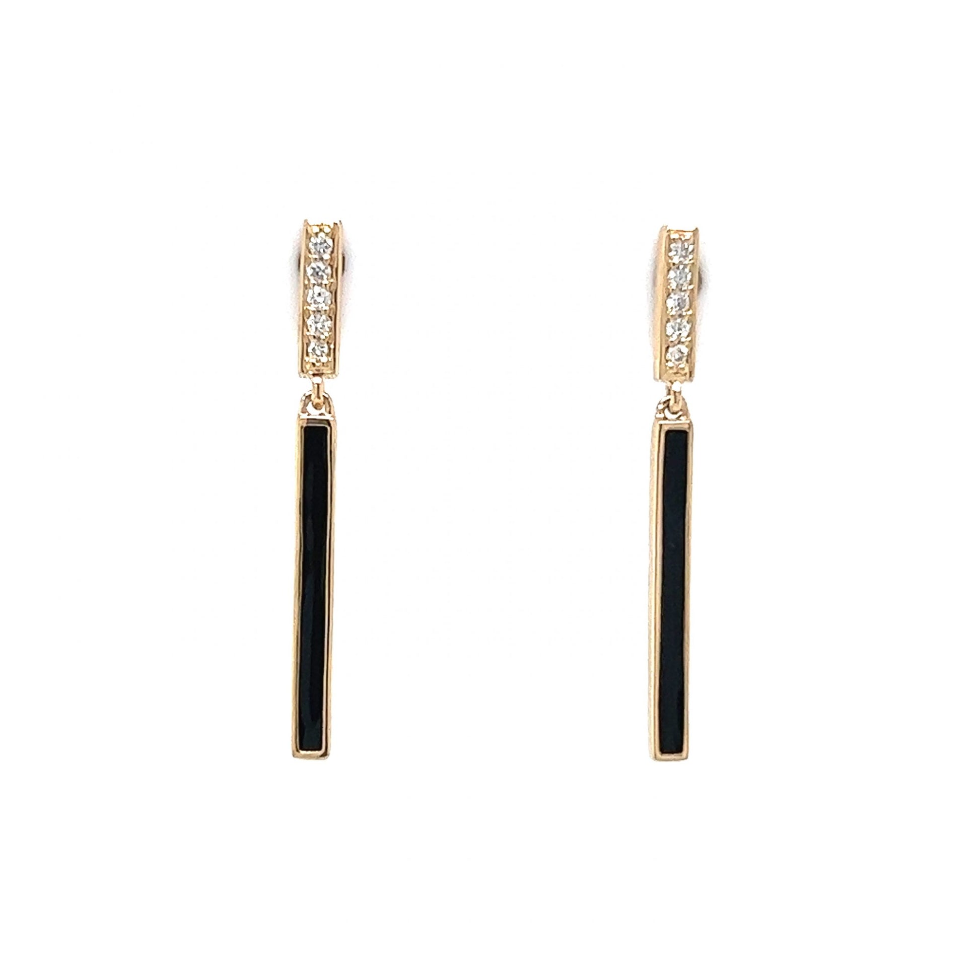 Diamond & Black Enamel Bar Drop Earrings in 14k Yellow Gold