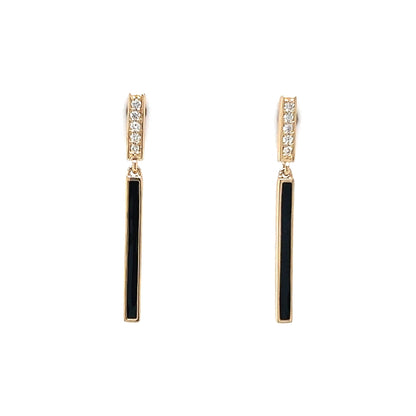 Diamond & Black Enamel Bar Drop Earrings in 14k Yellow Gold