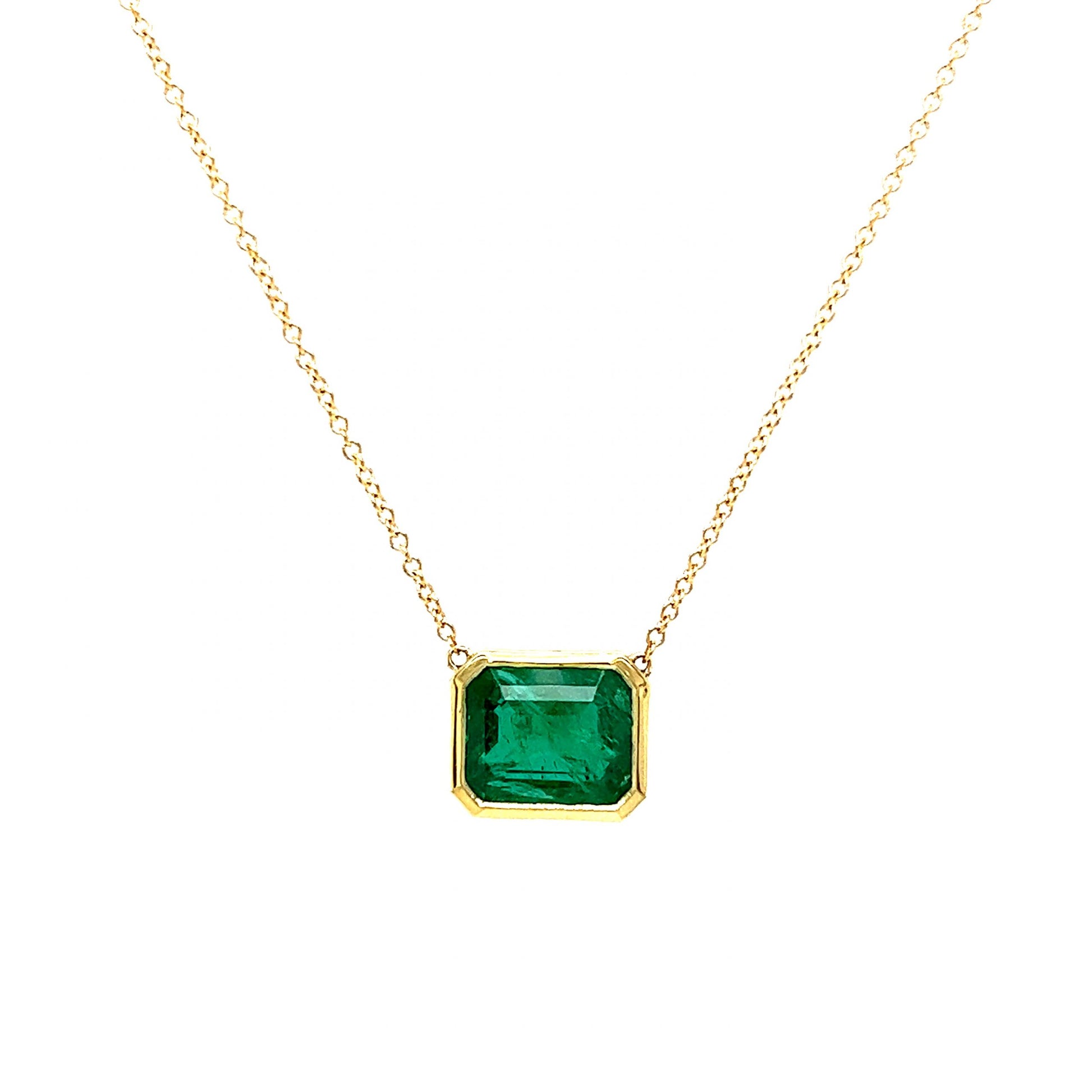 Horizontal Bezel Set Emerald Pendant Necklace in 18k Yellow Gold