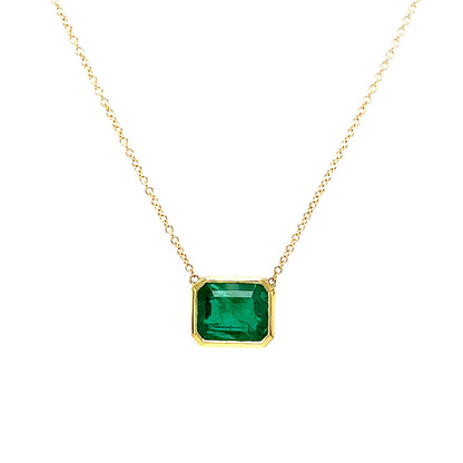 Horizontal Bezel Set Emerald Pendant Necklace in 18k Yellow Gold