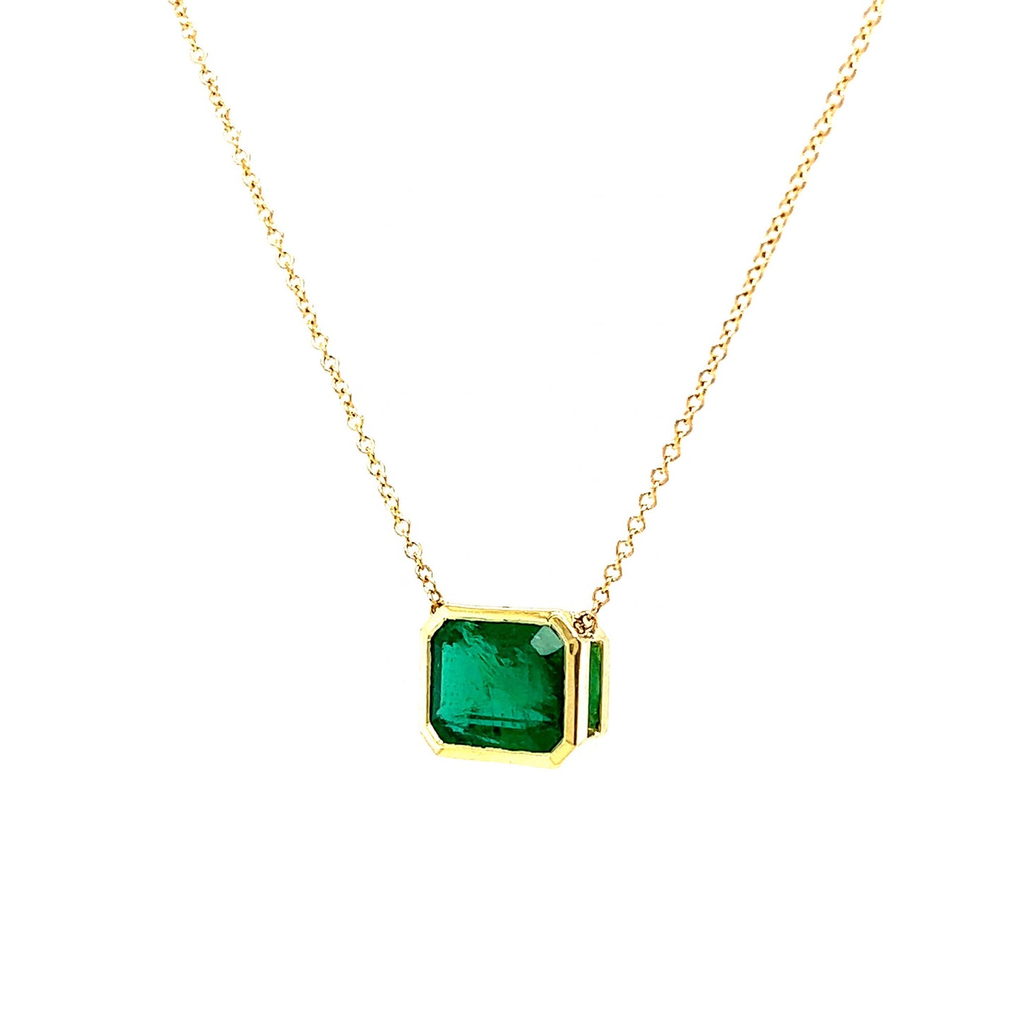 Horizontal Bezel Set Emerald Pendant Necklace in 18k Yellow Gold