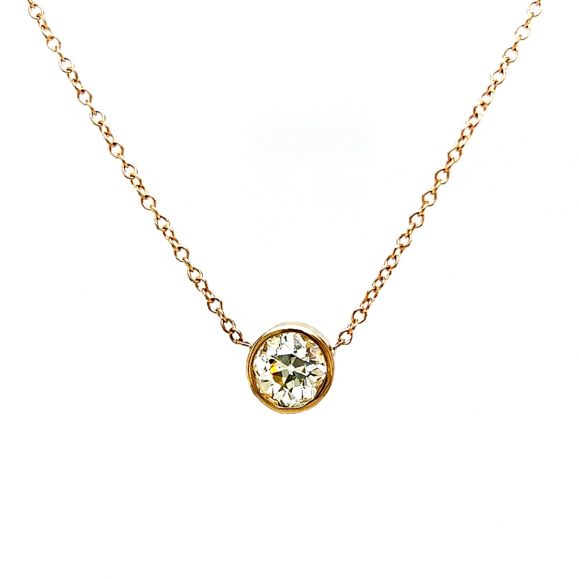 1.36 Bezel Set Old European Diamond Necklace in 14k Gold