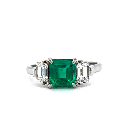 Three Stone 1.00 Square Cut Emerald & Diamond Ring in Platinum