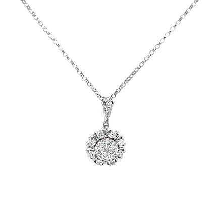 Round Diamond Halo Cluster Pendant Necklace in 14k White Gold