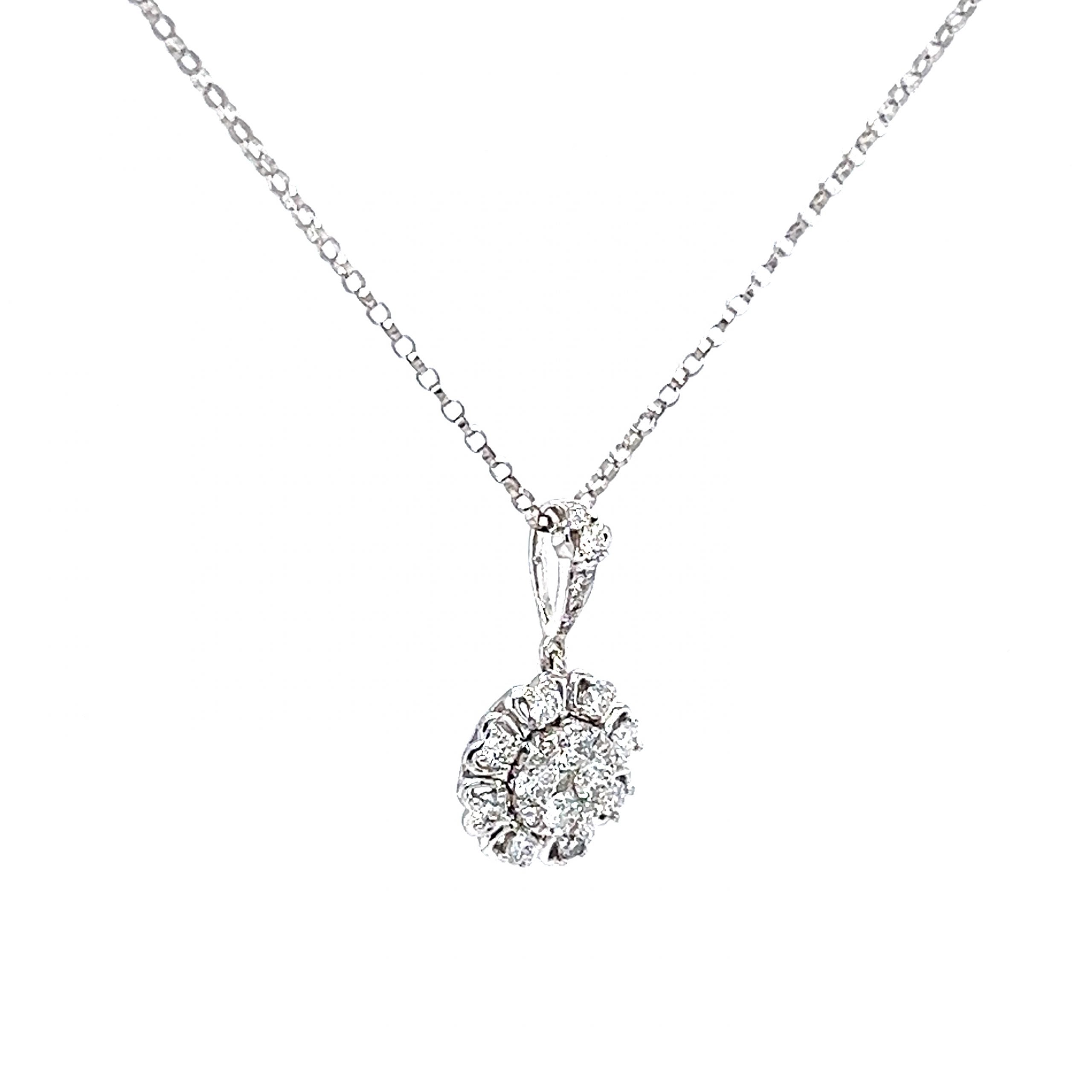 Round Diamond Halo Cluster Pendant Necklace in 14k White Gold