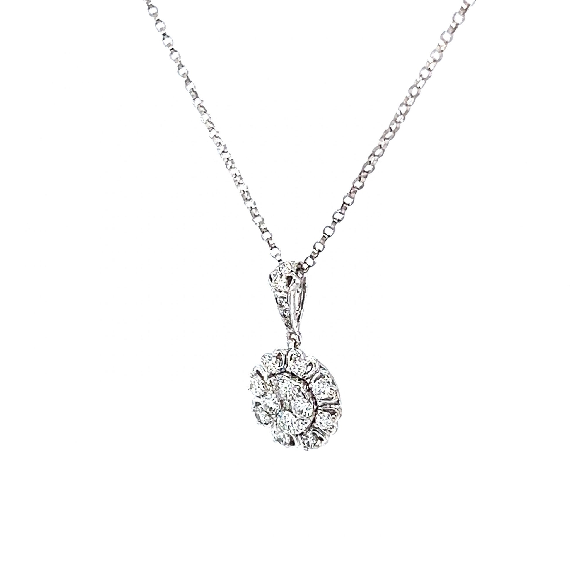 Round Diamond Halo Cluster Pendant Necklace in 14k White Gold