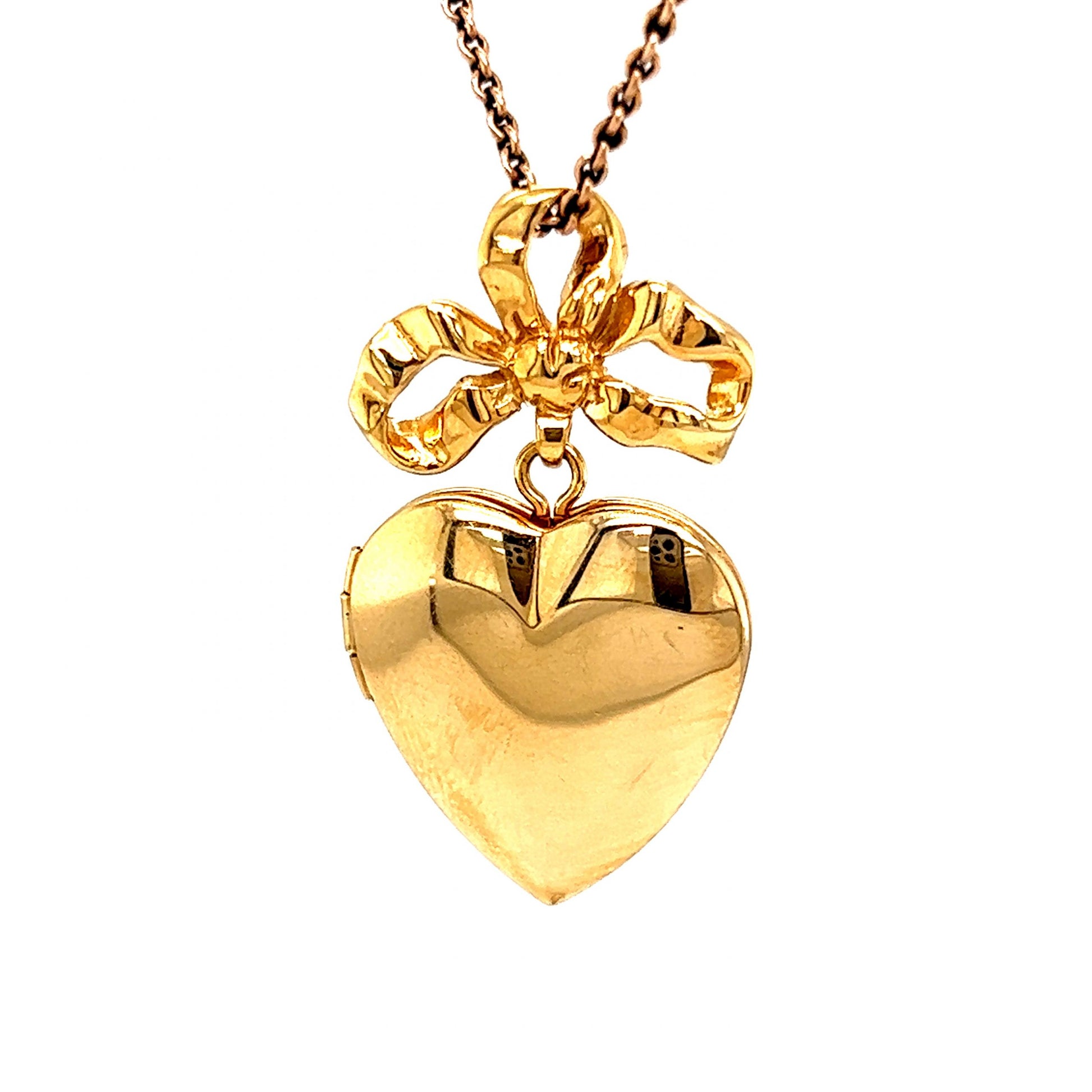 Heart & Bow Locket Pendant in 14k Yellow Gold