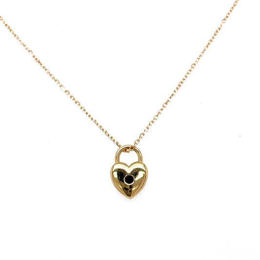 Black Spinel Heart Lock Pendant Necklace in 14k Yellow Gold