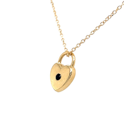 Black Spinel Heart Lock Pendant Necklace in 14k Yellow Gold