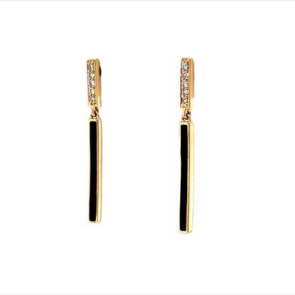 Diamond & Black Enamel Bar Drop Earrings in 14k Yellow Gold