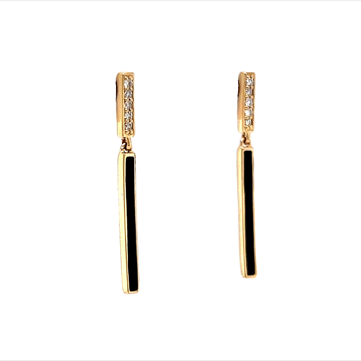 Diamond & Black Enamel Bar Drop Earrings in 14k Yellow Gold