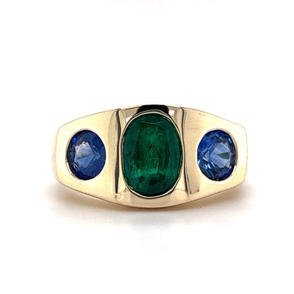 Flush Set Emerald & Sapphire Cocktail Ring 14k Yellow Gold