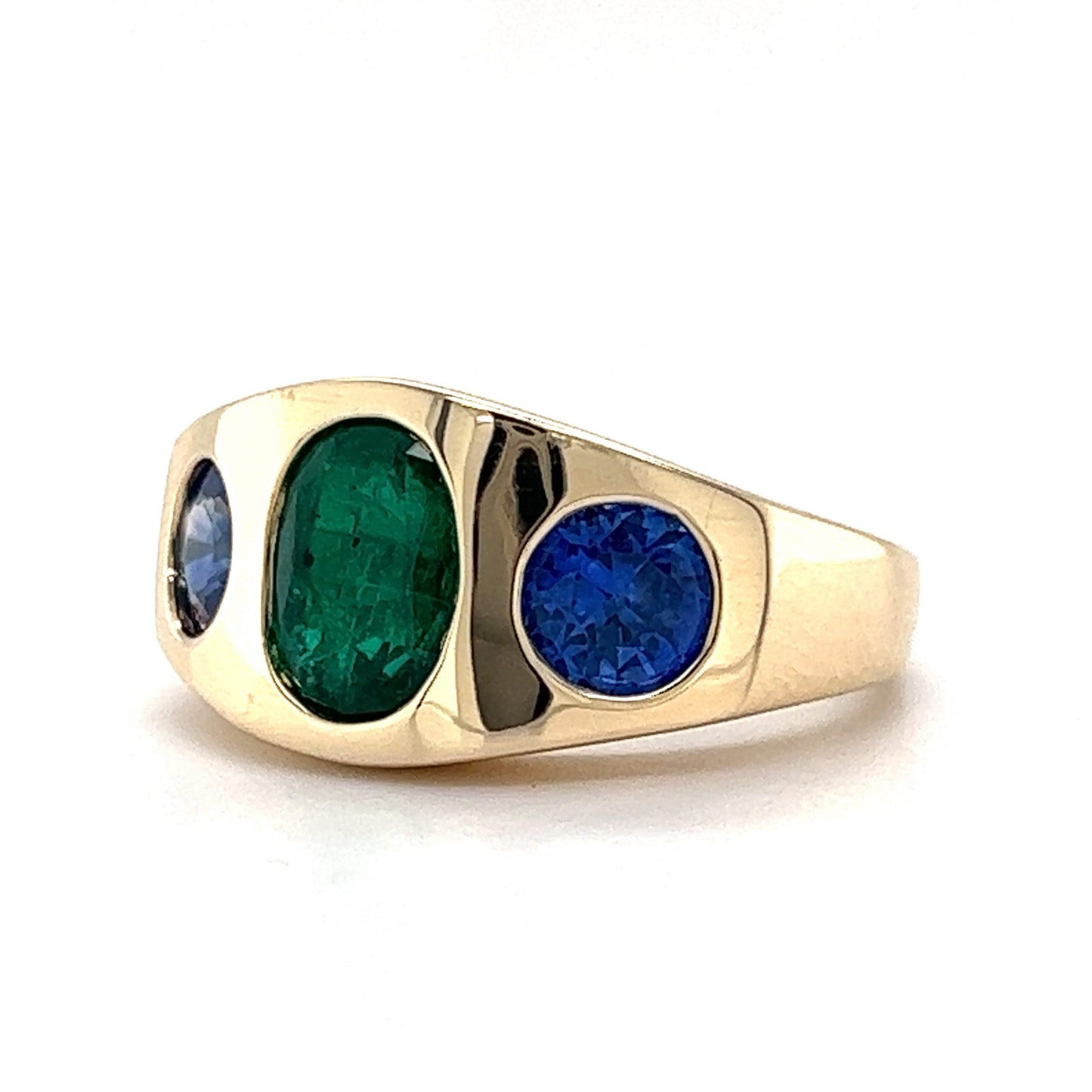 Flush Set Emerald & Sapphire Cocktail Ring 14k Yellow Gold