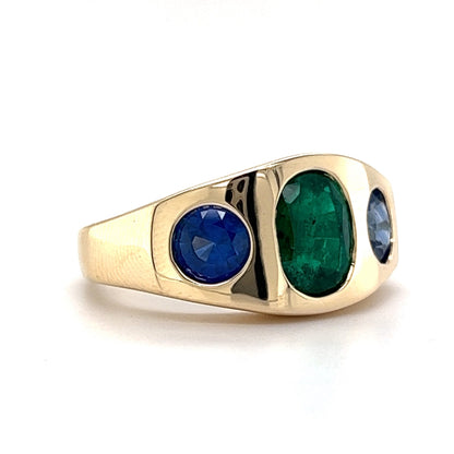 Flush Set Emerald & Sapphire Cocktail Ring 14k Yellow Gold