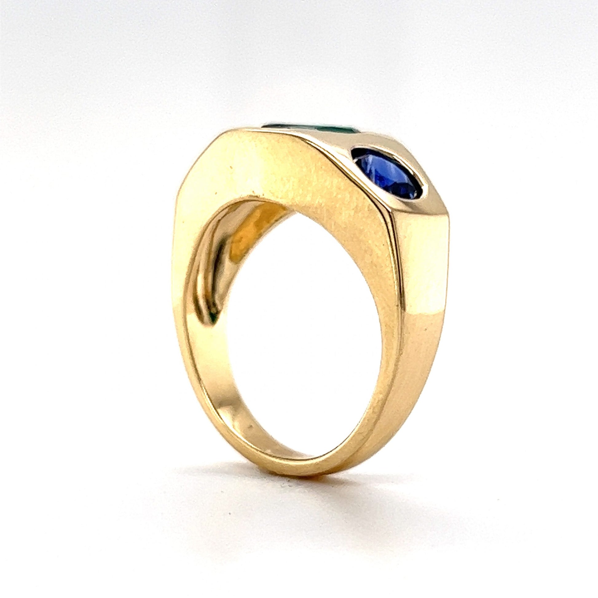 Flush Set Emerald & Sapphire Cocktail Ring 14k Yellow Gold