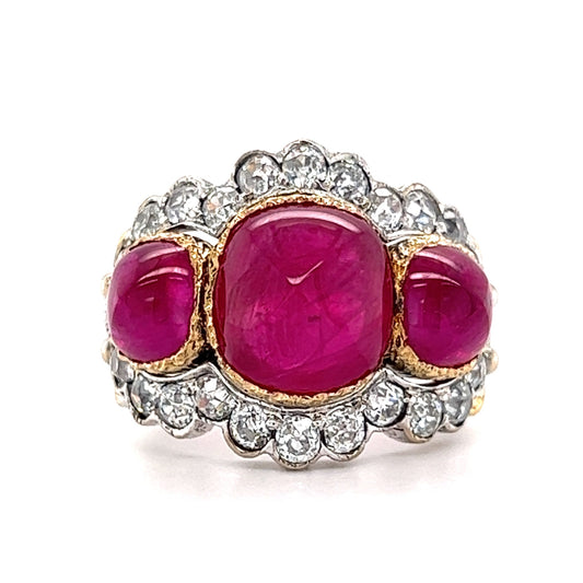 Cabochon Cut Ruby & Diamond Cocktail Ring 18k Gold