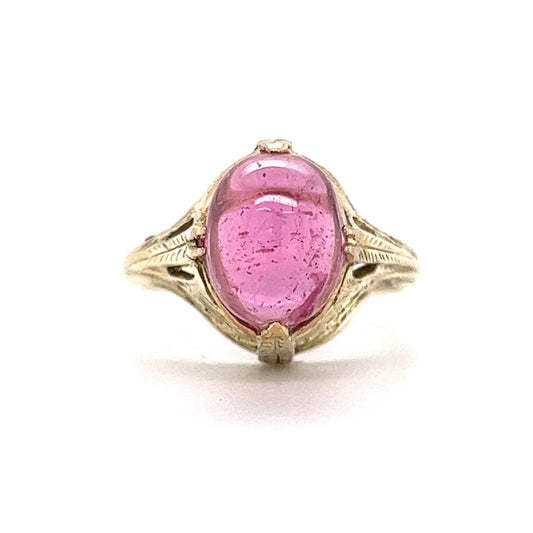 Art Deco Cabochon Cut Pink Tourmaline Ring in 14k Yellow Gold