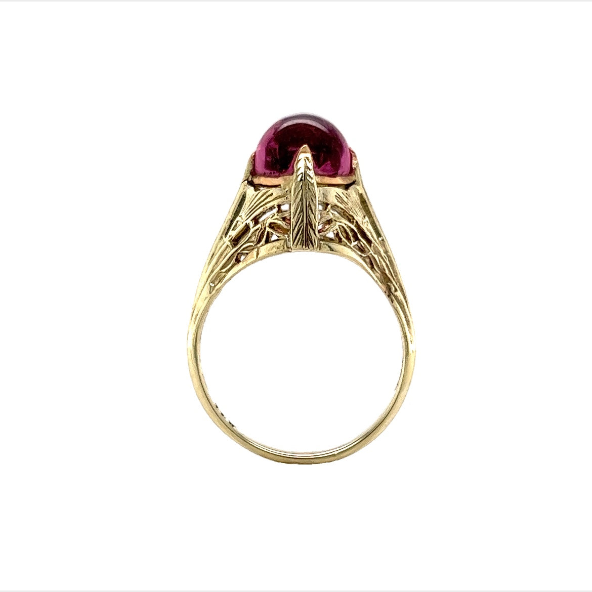 Art Deco Cabochon Cut Pink Tourmaline Ring in 14k Yellow Gold