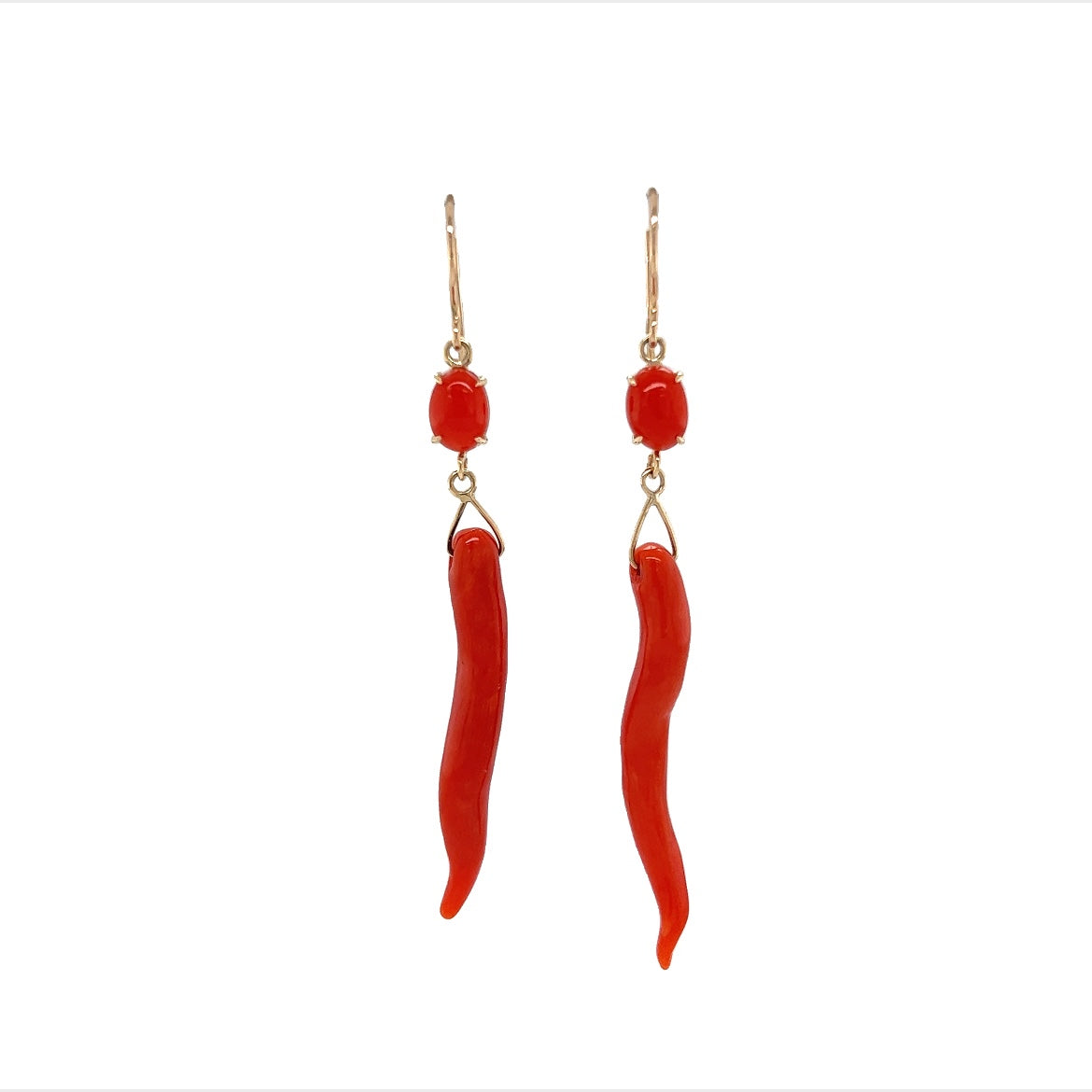 Mid-Century Coral Cornicello Drop Earrings in 14k Yellow Gold