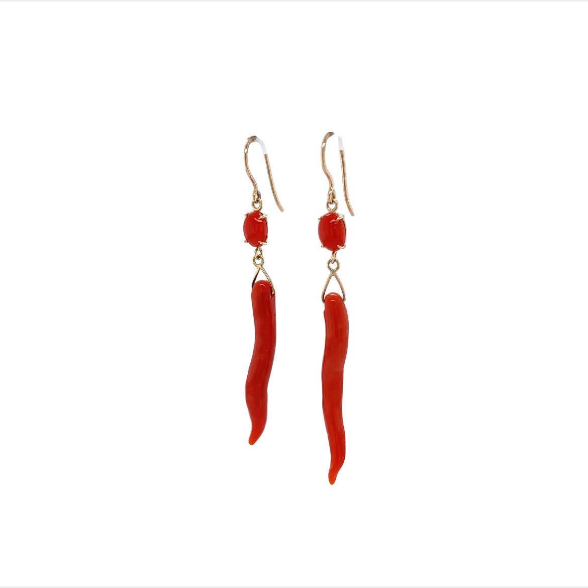 Mid-Century Coral Cornicello Drop Earrings in 14k Yellow Gold