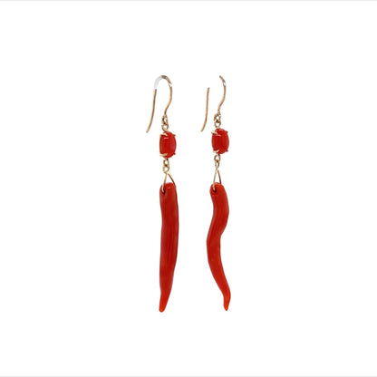 Mid-Century Coral Cornicello Drop Earrings in 14k Yellow Gold