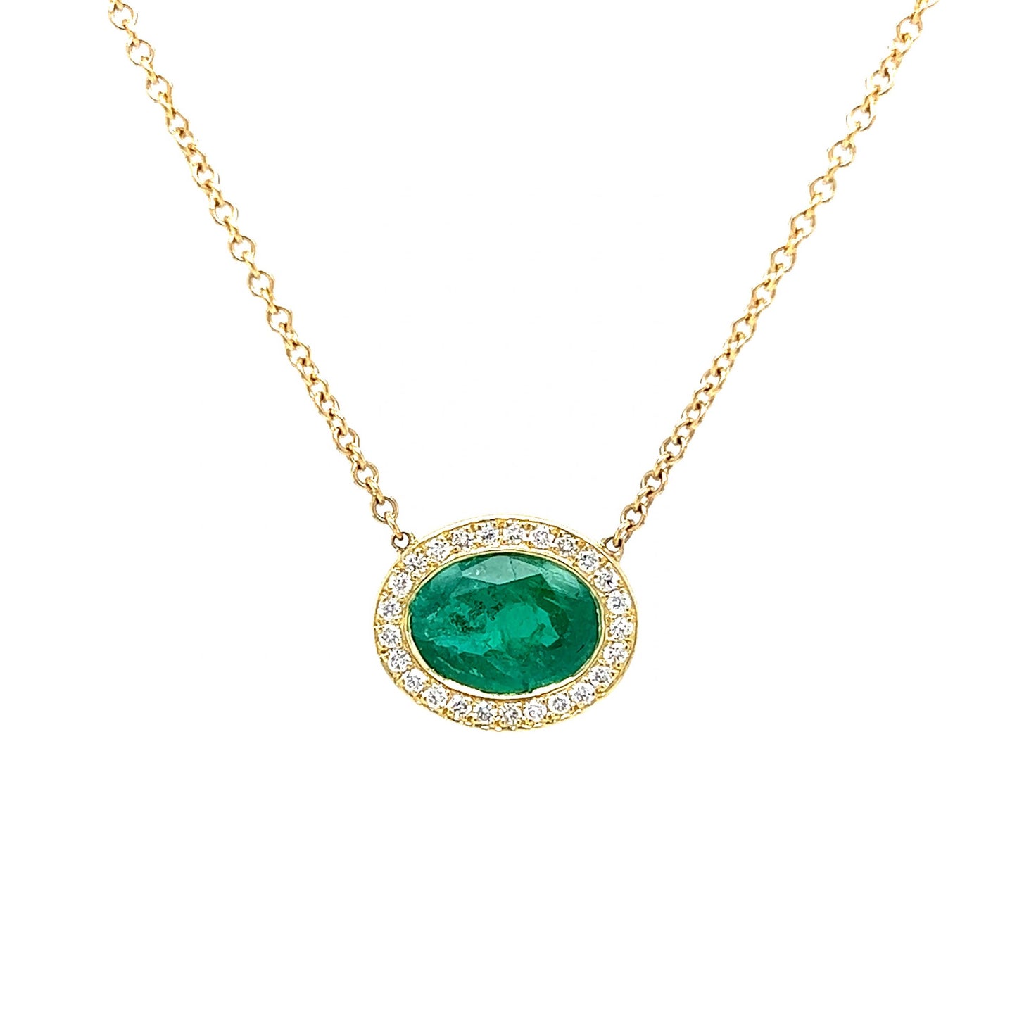 Diamond Halo Emerald Pendant Necklace in 18k Yellow Gold