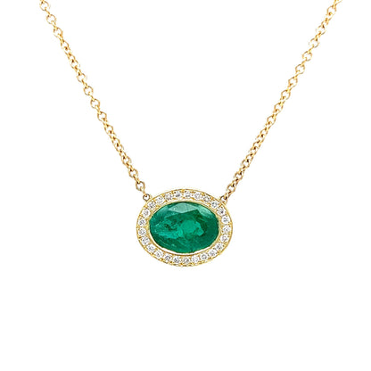 Diamond Halo Emerald Pendant Necklace in 18k Yellow Gold