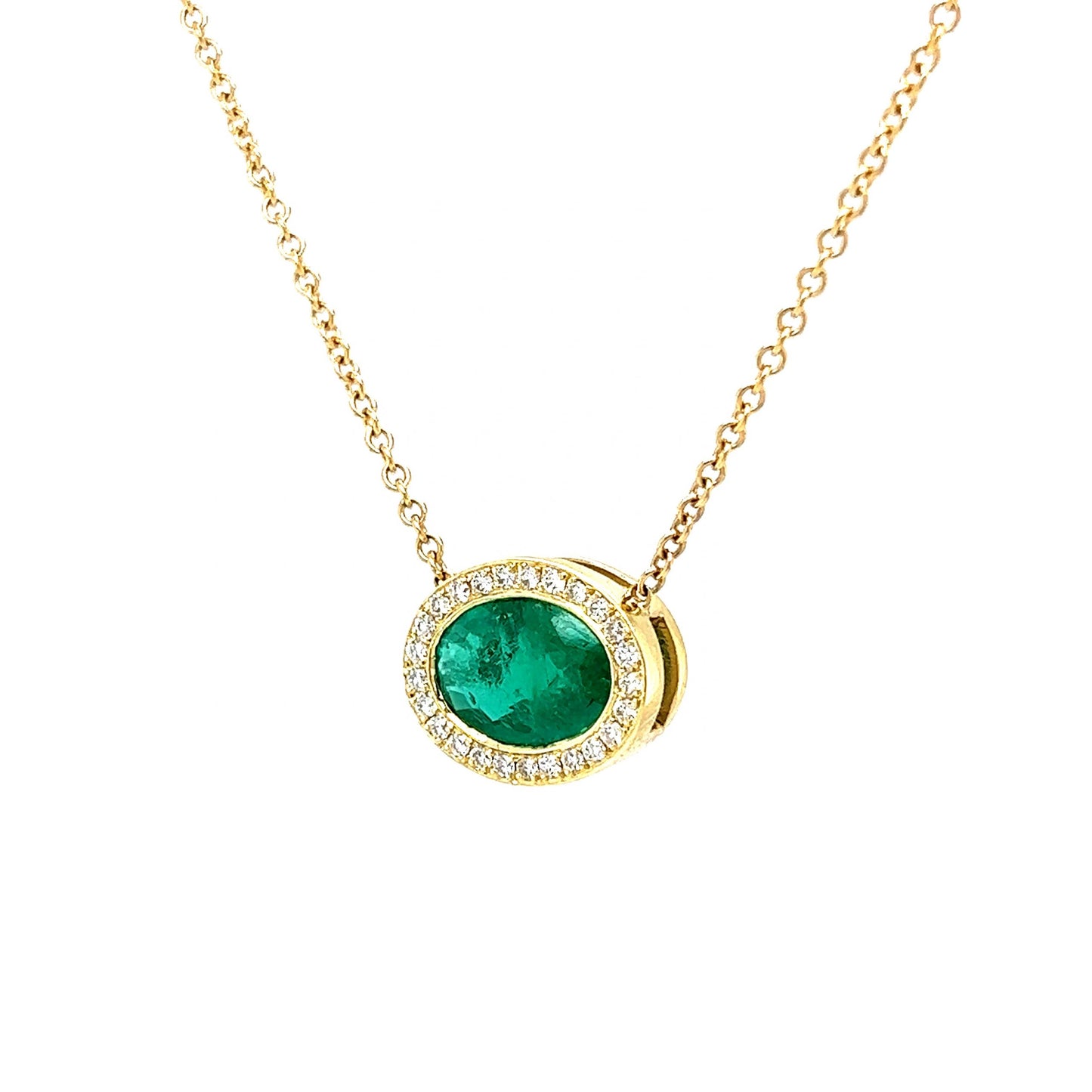 Diamond Halo Emerald Pendant Necklace in 18k Yellow Gold