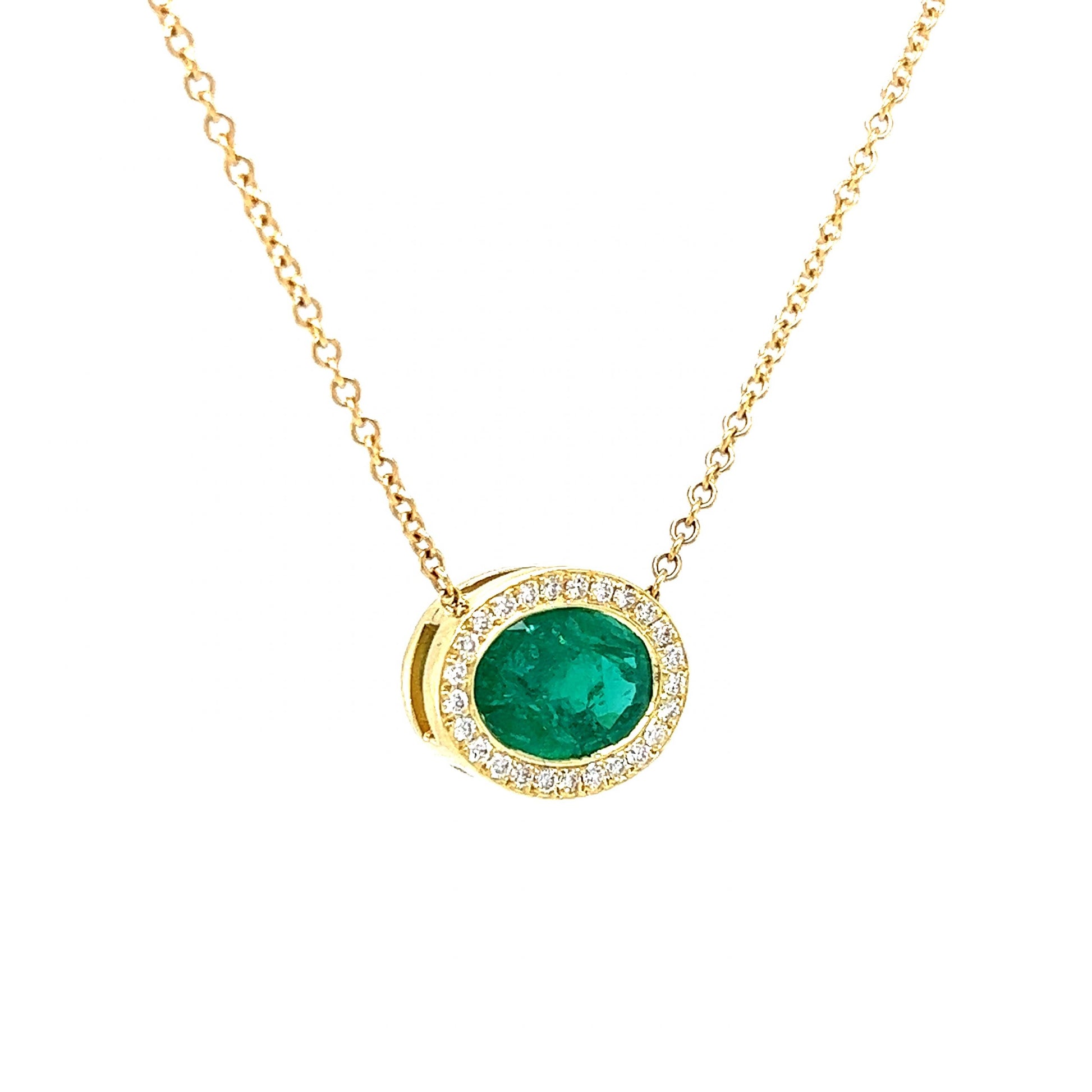 Diamond Halo Emerald Pendant Necklace in 18k Yellow Gold